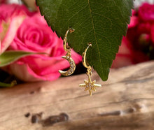 Load image into Gallery viewer, 14ct Gold Plated Mismatched Cubic Zirconia Star And Moon Huggie Earrings