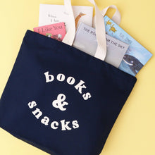 Load image into Gallery viewer, Books & Snacks - Midnight Blue Canvas Tote Bag