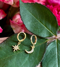 Load image into Gallery viewer, 14ct Gold Plated Mismatched Cubic Zirconia Star And Moon Huggie Earrings