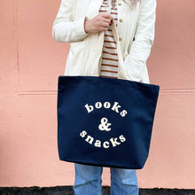 Load image into Gallery viewer, Books &amp; Snacks - Midnight Blue Canvas Tote Bag
