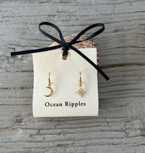 Load image into Gallery viewer, 14ct Gold Plated Mismatched Cubic Zirconia Star And Moon Huggie Earrings
