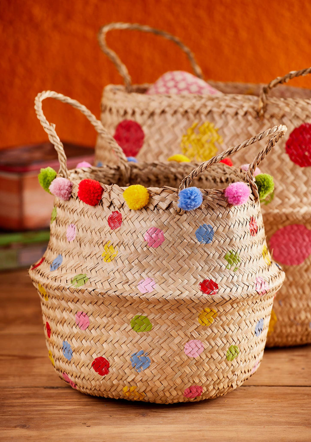 Rainbow Dot Pom Pom Seagrass Basket Small